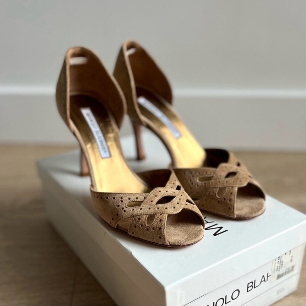 Manolo Blahnik Suede Peep-Toe D’Orsay Pumps